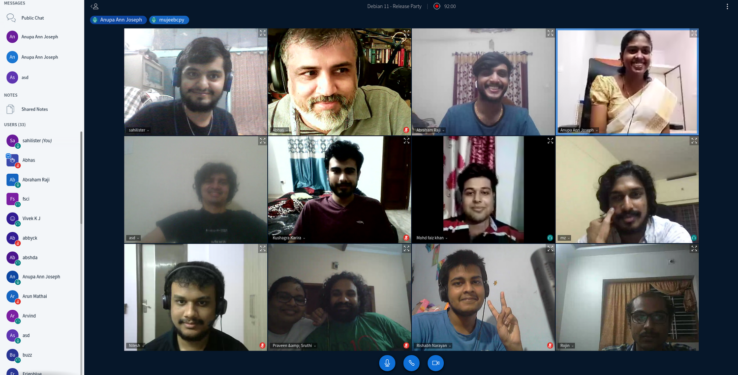 Group photo of release party, a screenshot of BBB room with bunch of camera’s on with people smiling
