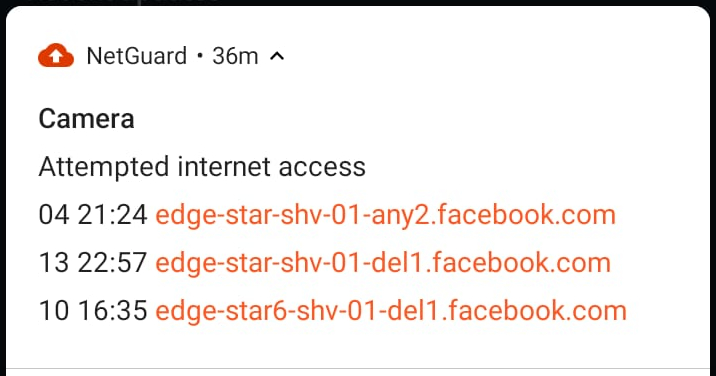 Netguard log showing attempted internet access by Camera app