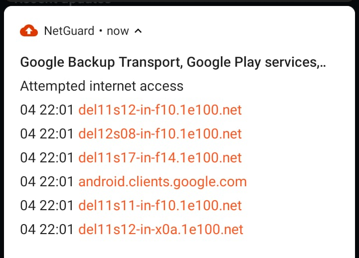 Netguard log showing attempted internet access by (remaining) Google apps