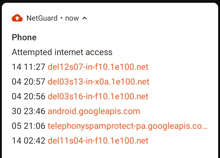 Netguard log showing attempted internet access by Phone app